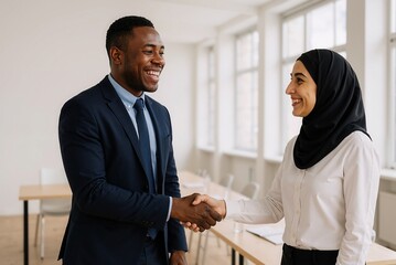 young african man and arab woman shaking hands in a modern office, symbolizing successful business partnership and collaboration in a diverse workplace environment