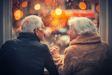 Fototapeta premium Elderly couple enjoys cozy moment together while holding hands by the window Generative AI