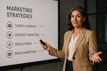 woman presenting marketing strategies in a modern office setting, highlighting target audience, content marketing, social media, and email marketing for effective campaigns