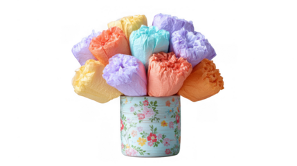 Colorful baby diapers arranged as tulips in a decorated pot, isolated on transparent background, perfect for baby shower invitations or announcements