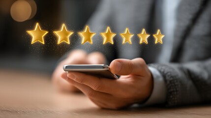 Handsome man reviewing star ratings on smartphone, engaged in customer feedback, modern workspace setting, with copy-space for text.