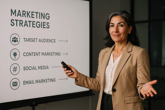 woman presenting marketing strategies in a modern office setting, highlighting target audience, content marketing, social media, and email marketing for effective campaigns