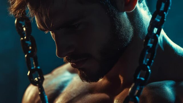 A strong man posing with chains, showcasing his muscular build and dedication to weightlifting.
