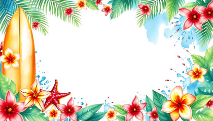 Tropical summer surfboard border with flowers