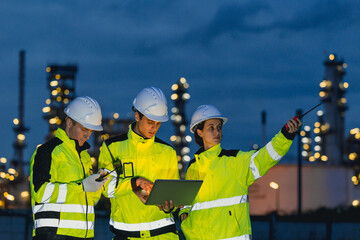 Group of Engineers team night shift working oil and gas refinery service, Workers hard work at night petroleum industry plant background.