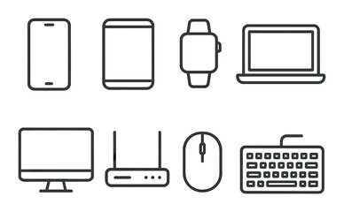 Technology gadget set. linear tech devices: phone, tablet, smartwatch, laptop vector icons.