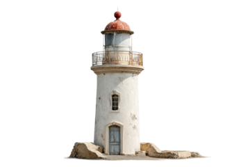 PNG Historic coastal lighthouse with weathered red dome and rusty railing