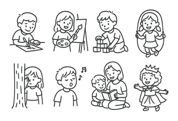 Children activity set. kids drawing, painting, building, jumping in silhouette vector icons.