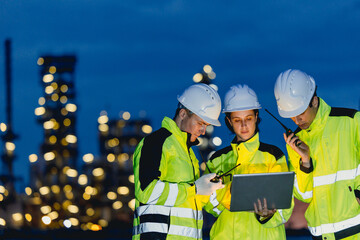 Group of Engineers team night shift working oil and gas refinery service, Workers hard work at night petroleum industry plant background.
