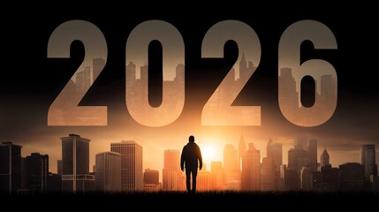 Silhouetted figure against a glowing city skyline, futuristic theme, evoking a sense of mystery and ambition for the year ahead.