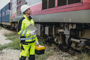 Caucasian diesel railway train engineer male check inspecting locomotive at rail track train parking outdoor with safety equipment