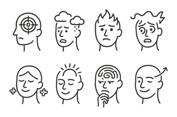 Emotional expression set. mood, thinking, stressed, curious, happy, sad, face linear vector icons.