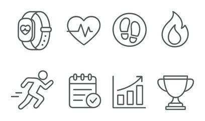 Fitness activity set. health, exercise, flat style. watch, heartbeat, steps, fire vector icons.