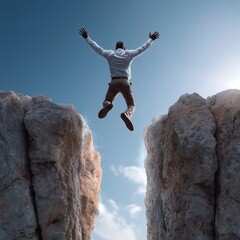 Adventurous person leaping between rocky cliffs, expressing thrill and freedom, dramatic sky in the background, perfect for motivation.