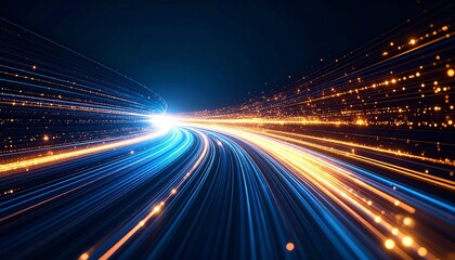 Fototapeta premium High-speed data stream, light trails in blue and gold, symbolizing digital transformation and the future of technology