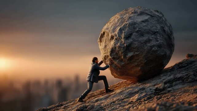 Businessman pushing a large boulder uphill at sunset, symbolizing struggle and perseverance in a cityscape