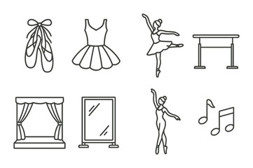 Ballet icon set: dance studio silhouette icons. shoes, dress, barre, stage, mirror vector icons