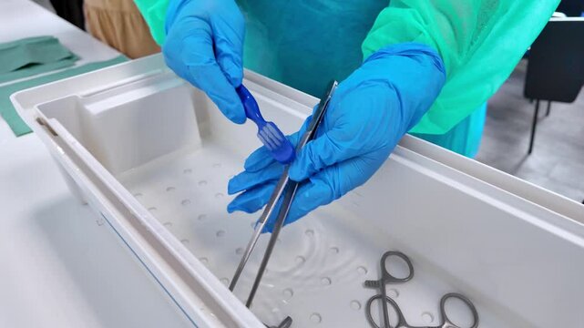 Medical professional's gloved hands cleaning surgical forceps with a small blue brush in a white sterilization tray, highlighting hygiene and safety