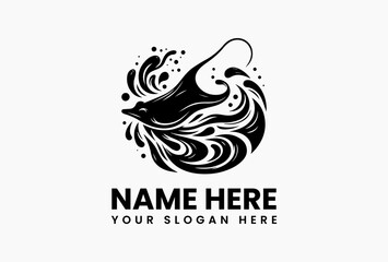 Fototapeta premium Elegant tribal manta ray vector logo with swirling waves and dotted patterns in monochrome style 