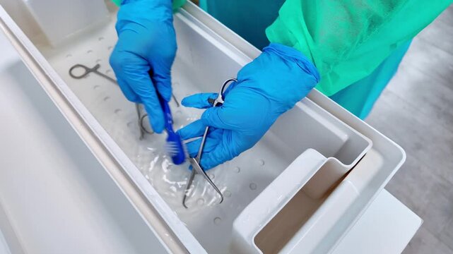 Healthcare professional meticulously cleaning medical instruments with a brush in a tray, highlighting crucial sterilization and hygiene practices for patient safety