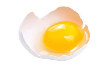  broken egg with bright yellow yolk isolated on white background