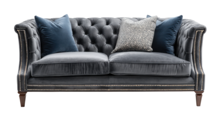 Elegant upholstered couch with decorative pillows living room furniture cozy home side view comfort isolated on transparent background