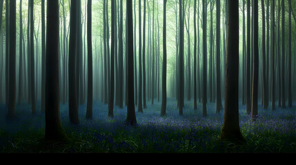 Misty Forest With Bluebells And Sunlight