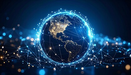 A digital representation of Earth, showcasing a network of interconnected dots symbolizing global connectivity. It depicts the Earth surrounded by a network of lights.
