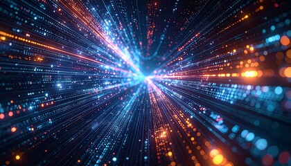 Fototapeta premium A vibrant, digital data stream with a tunnel-like perspective. This image embodies technology and speed, with countless beams of light converging to a central point