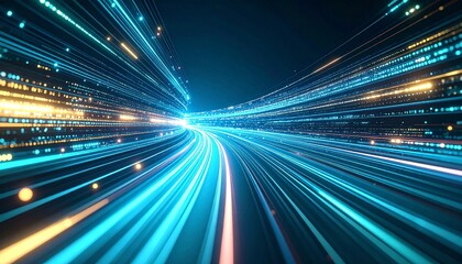 Fototapeta premium Dynamic digital data stream with light speed effect, perfect for technology-related projects and futuristic concepts. Blue and orange light trails creating a sense of movement and energy.