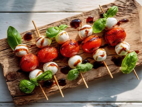caprese skewers lined on rustic olive-wood board, glossy cherry tomatoes, mini mozzarella pearls and fresh basil leaves