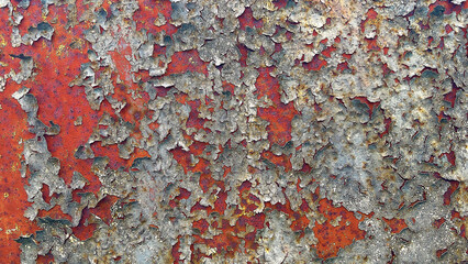 Rust and peeling paint texture on metal surface. Abstract industrial background, perfect for design projects, posters, and graphic overlays.