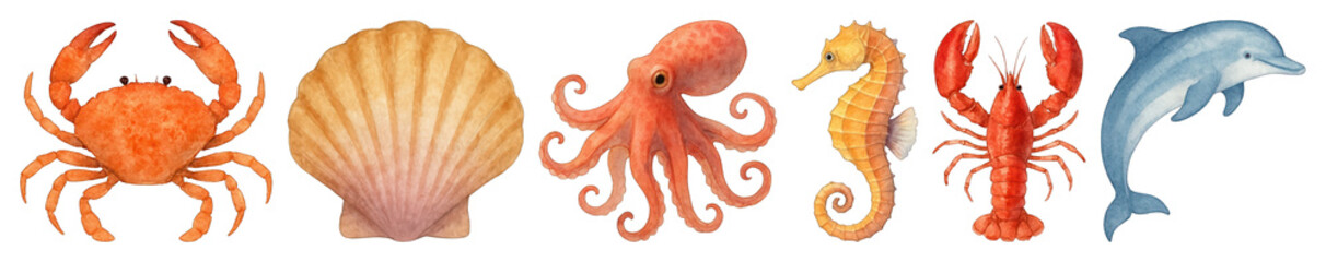 Obraz premium PNG Vibrant marine life illustrations, element set on transparent background