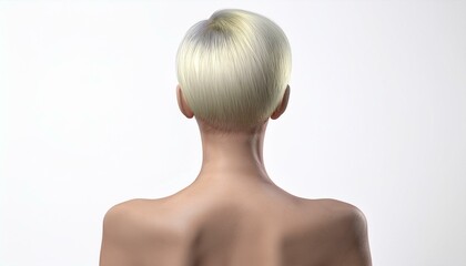 studio portrait of a blonde short haired woman with nude shoulders on white background, back view	