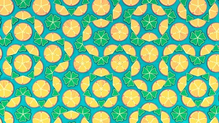 Trendy sunlight Summer pattern made with orange slice on bright light blue background. 3d render
