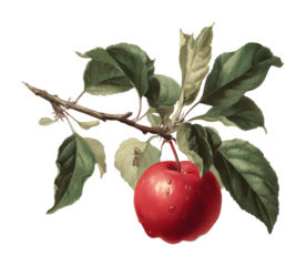 Fresh red apple hanging from branch in nature artistic still life vibrant colors view isolated on transparent background