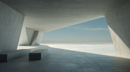 3D render of abstract futuristic architecture with empty concrete floor, offering a minimalist backdrop for car presentations in a modern space