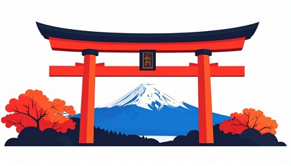 Scenic illustration featuring a traditional Japanese torii gate framing Mount Fuji and autumn foliage. The gate is a vibrant red with a black roof and the landscape is very serene.