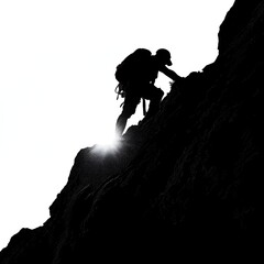 Solo climber scaling a steep rock face, silhouette against bright backdrop, adventure and determination highlighted, copy-space available.