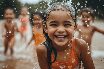Obraz premium A young Asian girl with long black hair smiles joyfully while playing in water. Other children splash in the background, all wearing orange swimsuits.