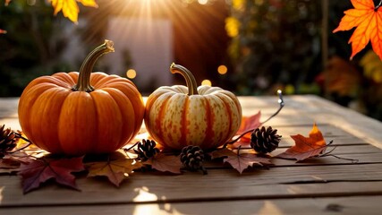 Beautiful autumn display with pumpkins and pine cones among colorful leaves in golden sunlight - Powered by Adobe