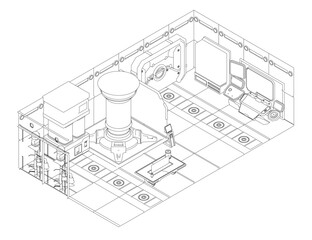 Complex, futuristic mechanical assembly with modular components. It features cylindrical and angular parts, systems, precise engineering details, suggesting advanced machinery, robotic technology. 3D