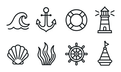 Nautical icon set. marine theme silhouette: wave, anchor, lifebuoy, lighthouse vector icons.