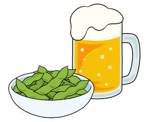 小鉢に盛られた枝豆とビールジョッキ