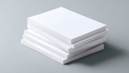 A neat stack of blank, rectangular, white paper sheets on a gray surface, subtly shadowed