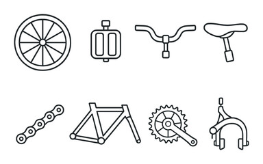 Bicycle parts icon set. bike silhouette gears, wheel, handlebar, saddle, pedals vector icons.