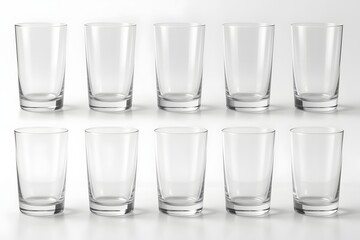 Crystal Clear Vessels: A set of meticulously arranged, transparent drinking glasses, each reflecting the purity of form and function, inviting a refreshing experience.