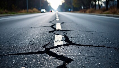 Close-up of a severely cracked road with a blurred vehicle in the distance, symbolizing infrastructure issues