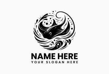 Monochromatic tribal art vector logo of a swimming manta ray with intricate dot patterns and ocean waves  
