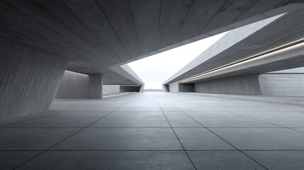 3D render of abstract modern architecture with empty cement floor, minimal exterior, ideal for high-end car presentations in a sleek environment